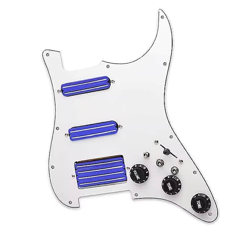 White HSS Guitar Strat Style Prewired Loaded Pickguard, Blue Dual Rail Pickups image 1