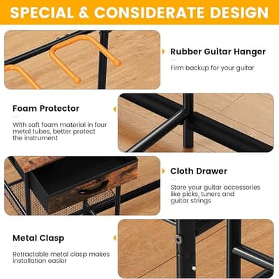 Guitar Stands Floor with 4 Guitar Holders, 3-Tier Guitar Stand Multiple Guitars, Guitar Rack with Amp Stand & Cloth Drawer, Multi Guitar Stand for Music Studio, Guitar Accessories gift for Music Lover image 2