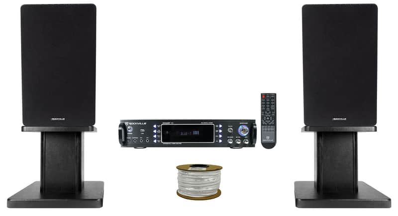 Rockville RPA60BT Receiver+(2) 6.5" Black Bookshelf Speakers+Black 8" Stands + Rockville R14GSBR100 Red/Blk 14 Gauge 100' Ft. Mini Spool Car Audio Speaker Wire image 1