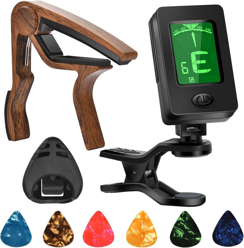 Guitar Capo Set | Acoustic Guitar Capo with Clip-On Tuner | Guitar Picks & Accessories Kit | Quick Release Capo for Guitar Bass Violin Ukulele image 1