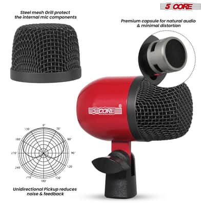 5 Core 9 Piece Drum Microphone Set w Kick Bass, Tom/Snare and Condenser Hi Hat & Cymbals Mics - Red image 6