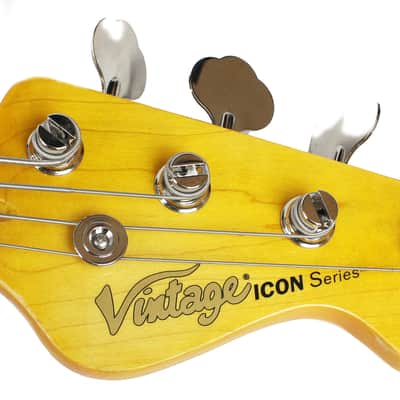 Vintage V74 Icon Fretless Bass Guitar in Distressed Sunset Sunburst w/Upgraded Pickguard image 8