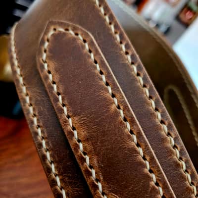 Hand Made, Hand Stitched Guitar strap "Rockatansky" in Taupe & Beige - Vegetable Tanned Leather image 5