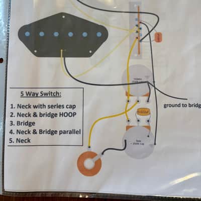 Fender Telecaster 5-Way (add two extra dimensions to your tone) wiring harness- single coil neck and bridge pickups with 0.022uF Sprague Orange Drop Capacitor and a fixed 0.001uF capacitor in series image 5