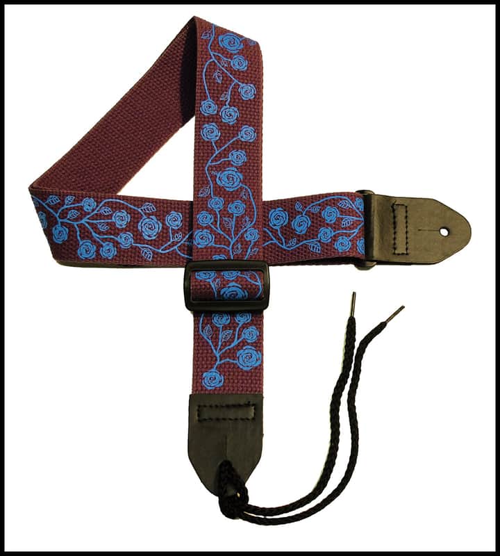 Girls Guitar Strap 2" Cotton Guitar Strap with Bright Blue Roses on a Black Cherry Strap image 1