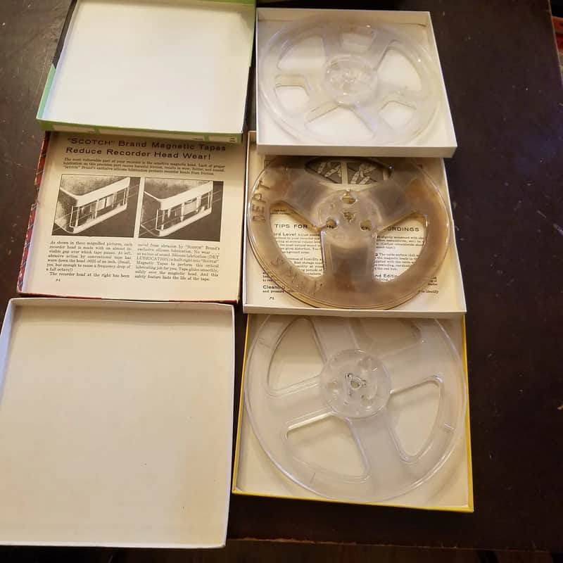 Random empty 7" Reel in box takeup supply R2R 1/4" tape deck recorder Scotch Audiotape Olson Metrotone 1950s-1970s - plastic and paperboard image 1