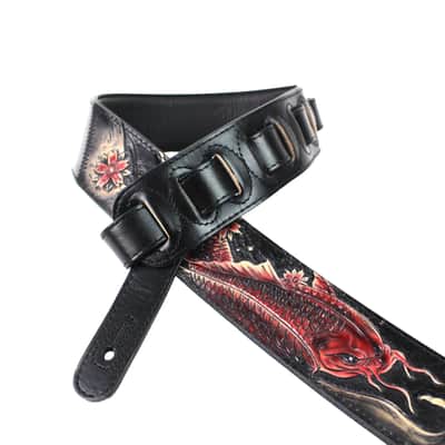 Walker & Williams KB-24 Skinny Black & Ruby Red Carved Grain Leather Strap w/Koi Design image 2