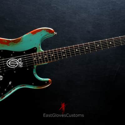 Fender FSR Stratocaster Seafoam Green/Metallic Orange HSS Heavy Aged Relic by EGC (107 OF 250) image 15