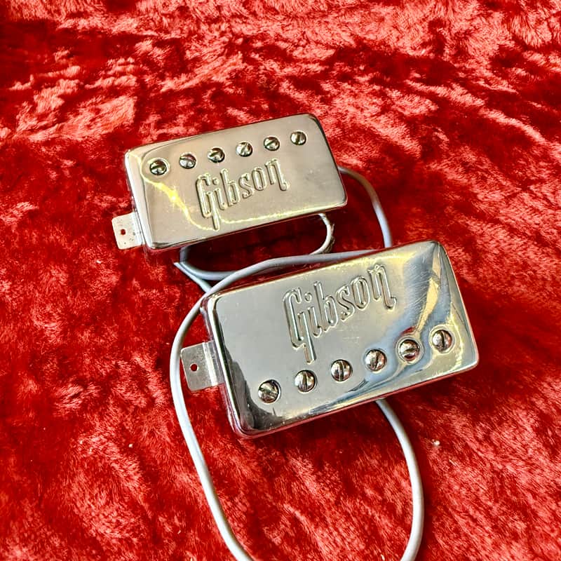 PAIR Gibson Embossed Logo Humbucker pickups 1970 1971 1972 - Chrome original vintage USA Les paul es-175 Es-150 Les paul sg original vintage USA patent sticker paf image 1