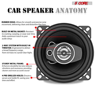 5Core Coaxial Door Car Speakers 4” Pair 250W 4Ohm 2 Way Component Subwoofer Audio w Super Tweeter image 6