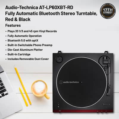 Audio-Technica AT-LP60XBT Fully Automatic Bluetooth Belt-Drive Stereo Turntable (Red & Black) with 45 rpm Adapter, 4 Inch Bookshelf Speakers (Pair) and Waith Record Cleaning Kit (Essential Bundle Set) image 4