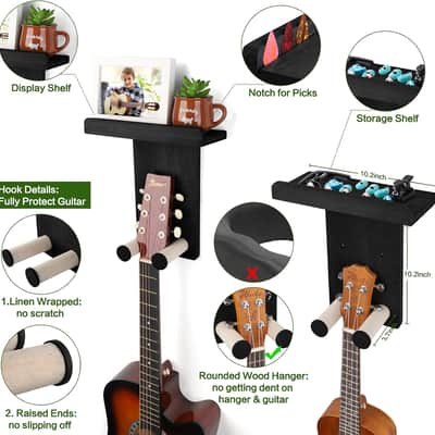 Guitar Wall Hanger,2 Pack Guitar Wall Mount Holder Guitar Hanger Shelf with Pick Holder Wood Guitar Rack for Acoustic or Electric Guitar,Ukulele,Bass,Mandolin Black image 4