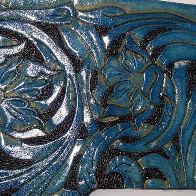Leather pickguard fits  Fender Telecaster 2018   "Floral Riffs"  turquoise and black image 4