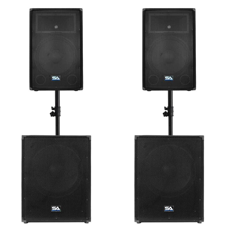 Pair 15" PA SPEAKERS & 18 inch SUBWOOFERS w/ SUB STANDS image 1