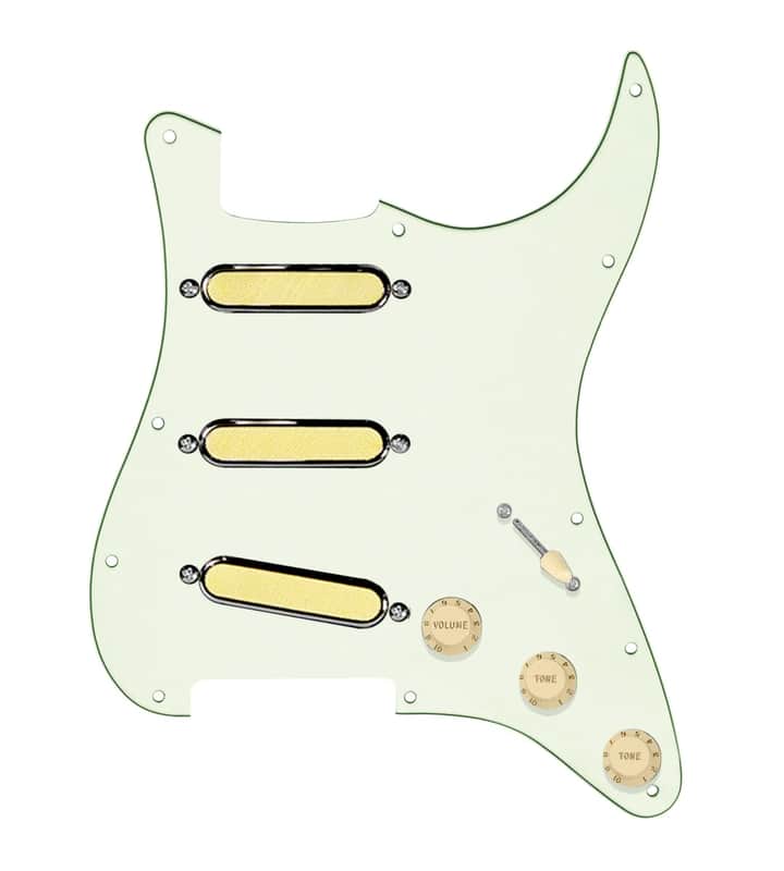 920D Custom Gold Foil Loaded Pickguard For Strat With Aged White Pickups and Knobs, Mint Green Pickguard For Strat, and S5W-BL-V Wiring Harness image 1