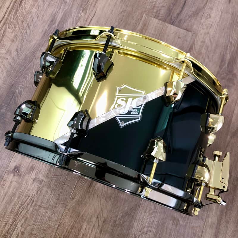 SJC Custom Drums 8x14” Builder’s Choice Maple Snare Drum 2023 - Black Gloss/Mirror Brass Wrap image 1