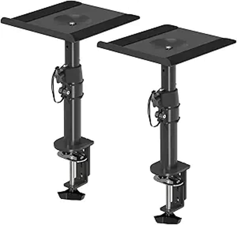 Clamp-on Speaker Stand Desk Mount Set, Height Adjustment, Tilt, Swivel, 9.6 x 8.8 inch Trays, Universal Audio Holders for Computer and Bookshelf Speakers, Elevated Sound, 2 Pack, Black, image 1