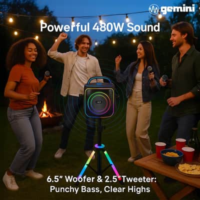 Gemini Wireless Karaoke Speaker with 2 Microphones, 480W Portable Party Speaker with RGB LED Tripod Stand, Bluetooth 5.3, 6 Hour Battery, Karaoke System for Indoor Outdoor Events (GPK-200PK) image 2