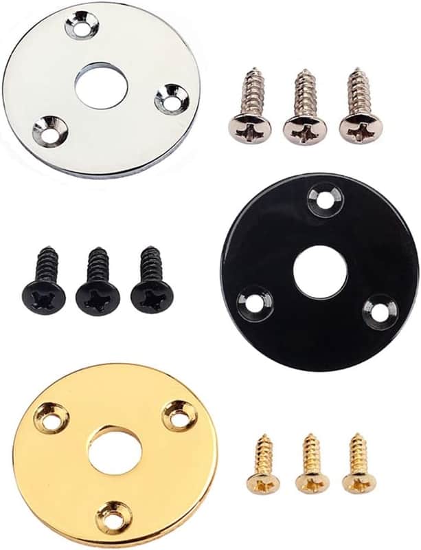 Round Guitar Jack Plate Indented 1/4 Inch Guitar Pickup Output Input Jack Socket Plate Metal Jack Plate with Screws for Electric Guitar Bass (Black) image 1