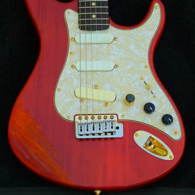 3/4-Sized Custom Shop Cherry Strat Body + Pearl Guard+ Solid Padouk/Ebony Warmoth Neck+ 2 EMG Active SA Pickups +One EMG RT Active Tele Bridge Pickup + Matched Gold Hardware + Graphtech Nut + Leveled & Crowned 6550 Frets with Low Action No string Buzz! image 1