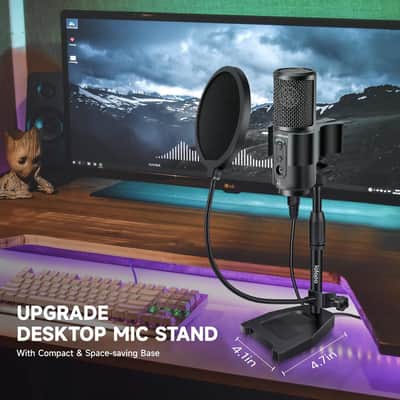Desktop Mic Stand, Adjustable Microphone Stand Desk with Upgrade Microphone Clip Max Clamping Range 60mm,Pop Filter,Cell Phone Clip,3/8"to 5/8" Metal Adapter for Blue Yeti Snowball & Other Mic image 2