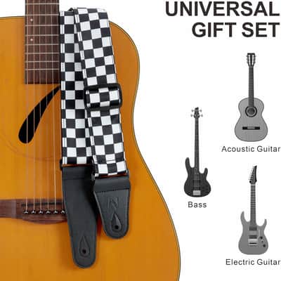 Guitar Strap-2" Wide Double Layer Cotton Original Design Adjustable Guitar Straps with Long Leather Ends for Bass, Electric & Acoustic, Best Gifts for Kids,Guitarists (White Grid) image 4