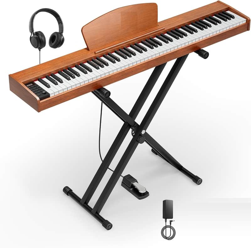 Piano Keyboard 88 Keys, Full Size Electric Keyboard Piano with Velocity-Sensitive Key, Portable Beginner Digital Piano Bundle Piano Stand, Sustain Pedal, Music Stand and Headphones, Brown image 1