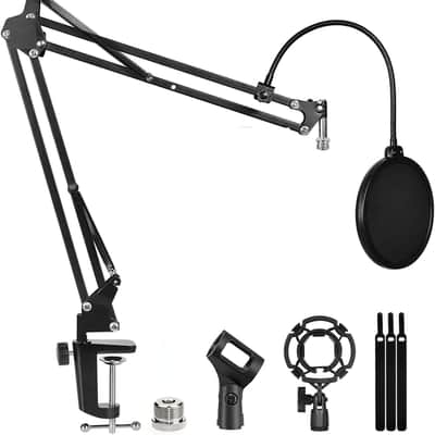 Microphone Stand for Blue Yeti, Quadcast Boom Arm Scissor Mic Stand with Windscreen and Double layered screen Pop Filter Heavy Duty Mic Boom Scissor Arm Stands, Broadcasting and Recording.Game image 1