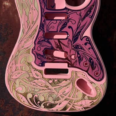 Custom Laser Engraved Pink Fender Strat Guitar Body with Pink Mirror Acrylic Pickguard & Tremolo Cover HSH, HSS, SSS Setups Available image 6