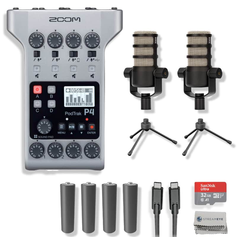 Zoom PodTrak P4 Portable Podcast Recorder with 2x Rode Podmic Dynamic Podcast Microphone and Essential Podcast Accessories image 1