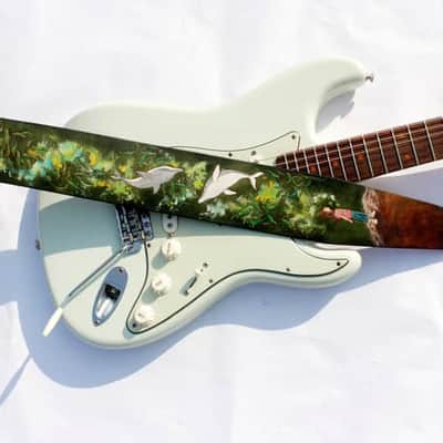 Burny Black Wide Guitar Strap 3.5" - dreaming girl green/brown made to order - oil image 6