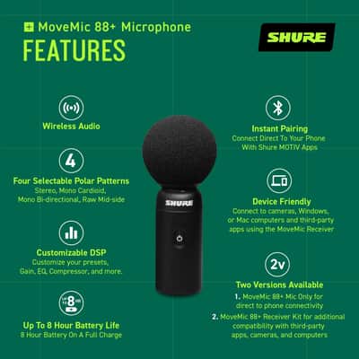Shure MoveMic 88+ Wireless Microphone Video Kit - Pro Audio Recorder for Film/Field Recording Interviews, Stereo Mic 4 Polar Patterns | Compatible with iOS/Android via MOTIV App (MV88+W-KIT-Z7) image 2