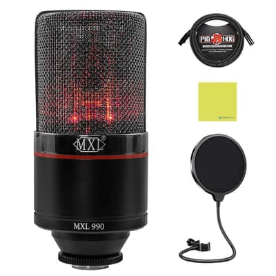 Liquid Audio - MXL 990 Blaze LED Studio Quality Condenser Microphone Bundle w/Pig Hog PHM10 8mm Mic Cable, Pop Filter Polishing Cloth image 1