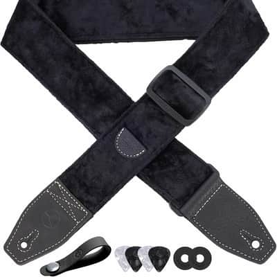 Guitar Strap 2 inch Velvet Guitar Straps with Full Grain Leather End, for Bass Electric and Acoustic Guitars, Free Strap Button, 2 Strap Locks and 4 Guitar Picks image 1