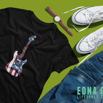 Stars and Stripes Guitar Custom Printed T-Shirt - Small Black image 2