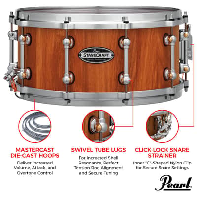 Pearl StaveCraft 14"x6.5" Maximum Volume Snare Drum with 20mm Makha shell, Thai Oak DadoLoc and MasterCast Die-Cast Hoops in Hand-Rubbed Natural Satin Finish image 2