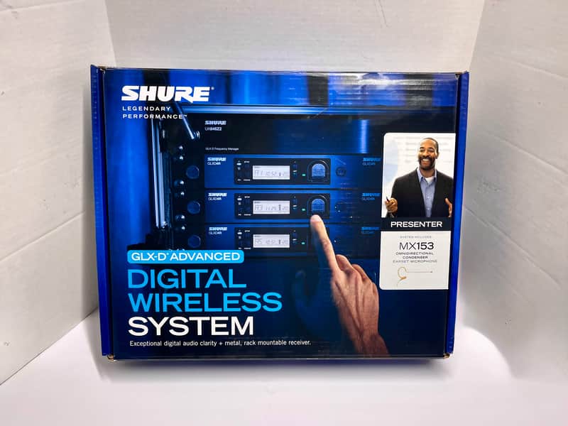 NEW Shure GLXD14R/MX53 GLX-D Advanced Digital Wireless Presenter Rack System with MX153 Headworn Earset Microphone GLXD1 Bodypack Transmitter and GLXD4R Rackmountable Receiver with Ears SB902A Rechargeable Lithium-ion Battery Padded zipper accessory case image 1