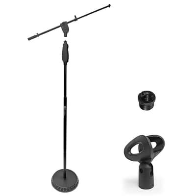 One Hand Microphone Stand With Weighted Heavy Round Base And Quick Grip Height Adjustment - Telescoping Mic Boom Arm Included. Tall Microphone Stand For Singing (Ms-201Rb) image 1