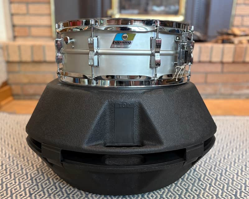 One of a Kind NOS Ludwig No. 404 Acrolite 5x14" 8-Lug Aluminum Snare Drum with Pointed Blue/Olive Badge Early 70s image 1