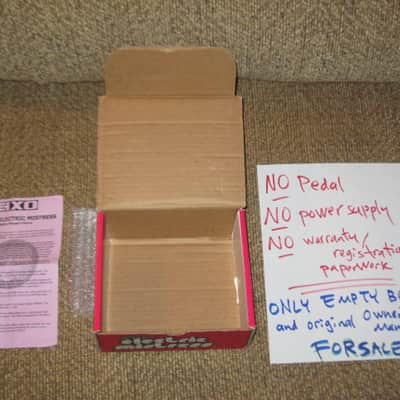 visibly used condition genuine Electro Harmonix EMPTY CARDBOARD BOX +orig Owner's Manual ONLY for EXO Stereo Electric Mistress (NO pedal, NO power supply, NO warranty/registration paperwork) 2010s, OUTER AREAS pink / GRAPHIC black & white, white image 2