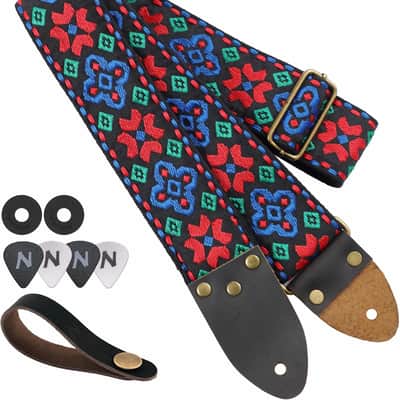 Guitar Strap, Colourful Flowers, Three Spikes Leather Ended Acoustic Guitar Electric Guitar Bass Guitar Straps, Free with Lock and Head Strap image 1