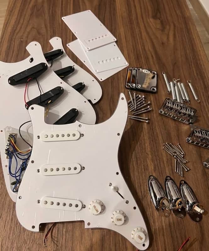 3x Stratocaster style spare parts loaded pickguard plus neckplate bridge etc image 1