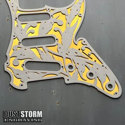 Engraved Layered Pickguard & Free Tremolo Cover in Gold Mirror Glossy White Acrylic Design #3 for Fender Stratocaster HSH, HSS, SSS Setups image 6