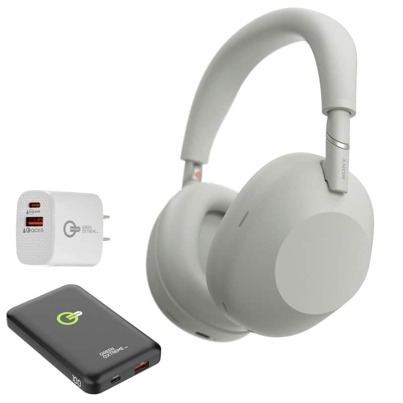 Sony WH-1000XM6 Wireless Noise Canceling Closed Back Over-Ear Headphones, Platinum Silver + Power Bank + 20W 2-Port USB Wall Charger image 1