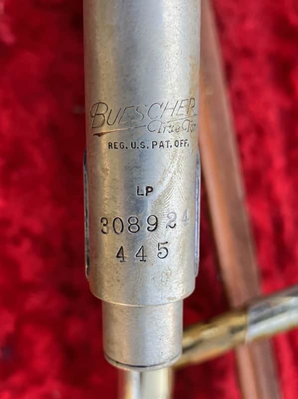 VINTAGE 1940s Buescher 400 True Tone LOW PITCH 445 TROMBONE 'Angled Poles' GOOD/AVG condition,  OWNER ENGRAVED NAME ON BELL image 1