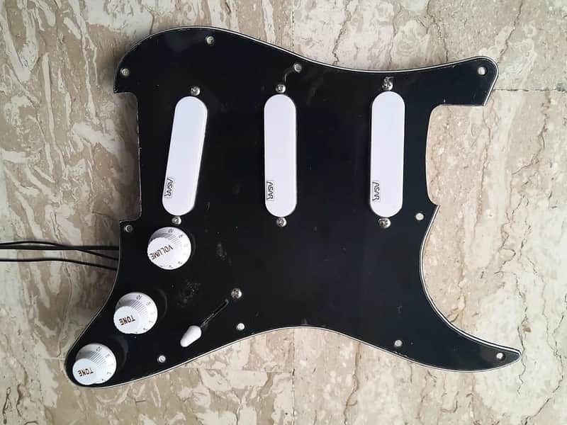 Handmade prewired SSS NEODYMIUM Stacked coils PU's Strat pickguard with HB split on N&B, volume TR BL and mid PU cutoff switch image 1