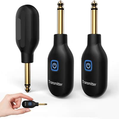Wireless Guitar Transmitter Receiver 2.4GHz with 2 Modes, Upgrade Thumb-Size, Rechargeable Li-Battery, Plug & Play, Guitar Wireless System for Guitar, Bass, Violin, Keyboard - Black (2TX + 1RX) image 1