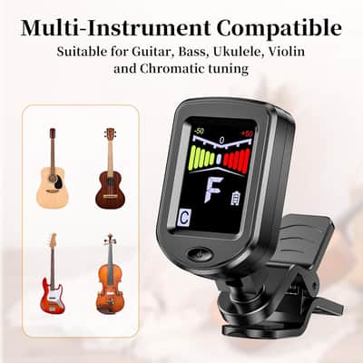 Clip-On Guitar Tuner Rechargeable with Color Screen 360° Rotatable Chromatic Tuner for Guitar, Bass, Ukulele, Violin (Black, 1 Pack) image 3