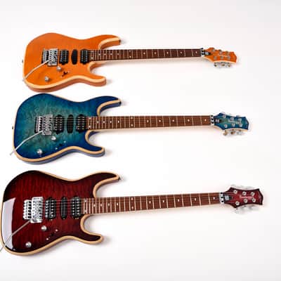 Bootlegger Guitar Royal HHH, Floyd Rose Double Locking Tremolo Blue Clear Quilted Maple finish, Stiletto Hard Case image 9
