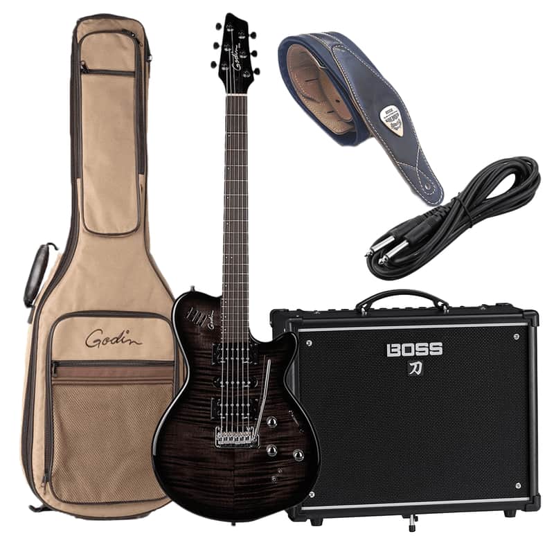Godin 025503 xtSA Trans Black Flame 6 string Electric Guitar - Legato Guitar Strap - Boss Katana 50 Guitar - 1/4 Cable image 1